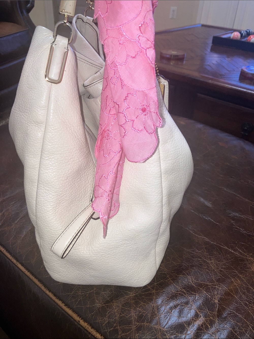 Coach White Leather Shoulder Bag with Pink Scarf Accent - Picture 5 of 16